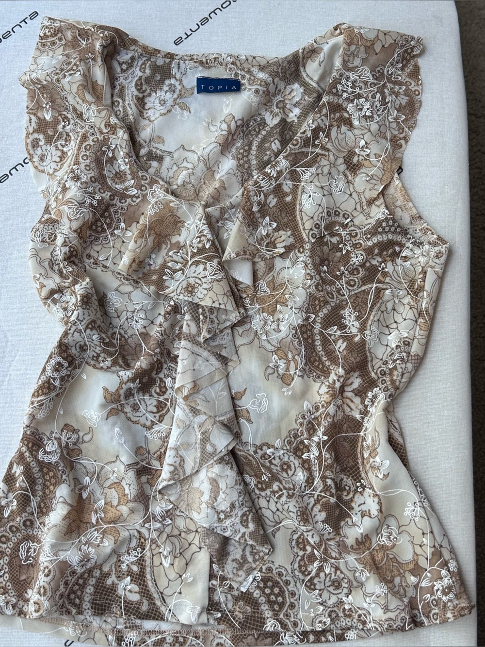 Topia Brown and Cream Paisley Ruffle Blouse